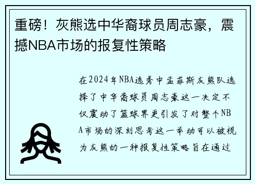 重磅！灰熊选中华裔球员周志豪，震撼NBA市场的报复性策略