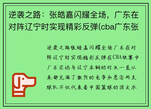 逆袭之路：张皓嘉闪耀全场，广东在对阵辽宁时实现精彩反弹(cba广东张皓嘉)