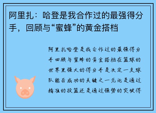 阿里扎：哈登是我合作过的最强得分手，回顾与“蜜蜂”的黄金搭档