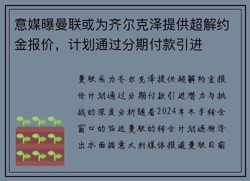 意媒曝曼联或为齐尔克泽提供超解约金报价，计划通过分期付款引进